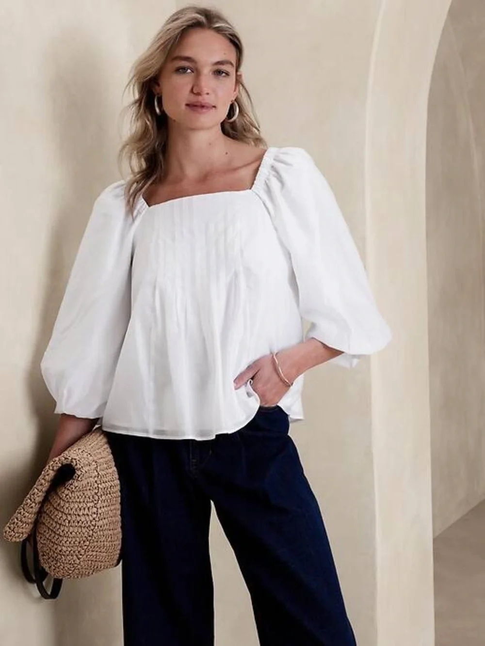 Banana Republic Black Square-Neck Puff Balloon Sleeve Blouse Peplum Pleated